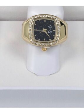 Jessica Simpson Gold-Tone Ring Watch with Black Sparkle Dial